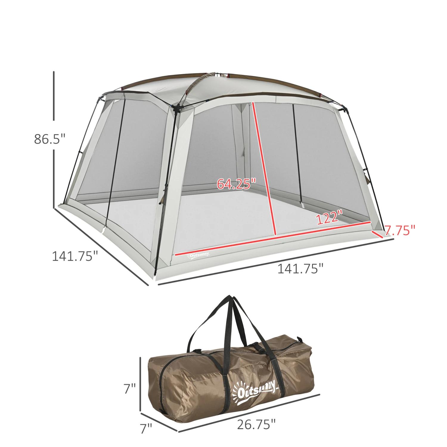 Outsunny 12' X 12' Screen House Room, UV50+ Screen Tent With 2 Doors And Carry Bag, Easy Setup, For Patios Outdoor Camping Activities 3 Outsunny 12' X 12' Screen House Room, UV50+ Screen Tent With 2 Doors And Carry Bag, Easy Setup, For Patios Outdoor Camping Activities - Image 3