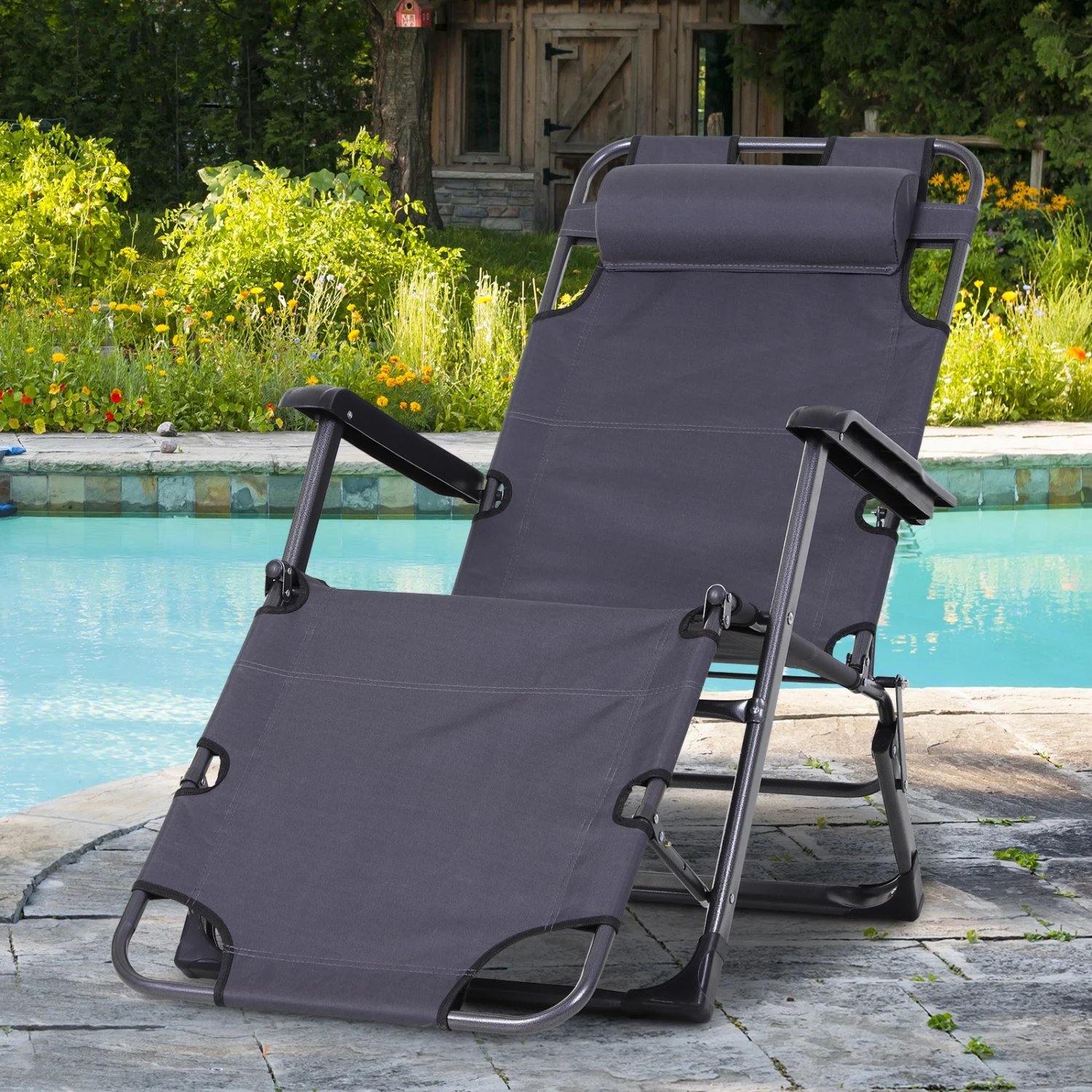 Outsunny Tanning Chair, 2-in-1 Beach Lounge Chair & Camping Chair W/ Pillow & Pocket, Adjustable Chaise For Sunbathing Outside, Patio, Poolside, Gray 2 Outsunny Tanning Chair, 2-in-1 Beach Lounge Chair & Camping Chair W/ Pillow & Pocket, Adjustable Chaise For Sunbathing Outside, Patio, Poolside, Gray - Image 2