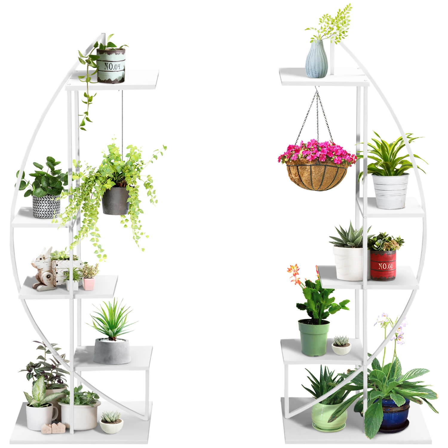 Outsunny 5 Tier Metal Plant Stand With Hangers, Half Moon Shape Flower Pot Display Shelf For Living Room Patio Garden Balcony Decor, White 1 Outsunny 5 Tier Metal Plant Stand With Hangers, Half Moon Shape Flower Pot Display Shelf For Living Room Patio Garden Balcony Decor, White