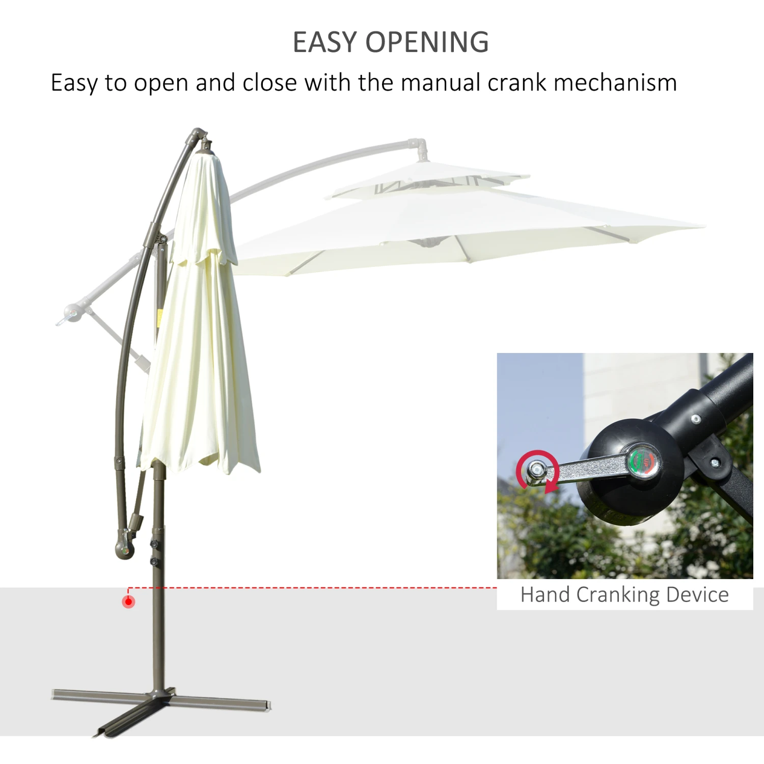Outsunny 9' Offset Patio Umbrella With Base, Steel Hanging Cantilever Umbrella, 2-Tier Easy Tilt Polyester Shade, 8 Ribs, Crank, Cross Base, Beige 4 Outsunny 9' Offset Patio Umbrella With Base, Steel Hanging Cantilever Umbrella, 2-Tier Easy Tilt Polyester Shade, 8 Ribs, Crank, Cross Base, Beige - Image 4