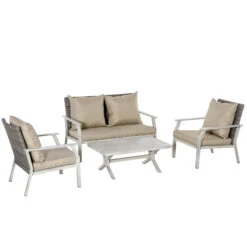 Outsunny 4 Pieces Patio Furniture Set With Cushions, Outdoor Wicker Conversation Sofa Sets, Aluminum Frame Sofa Sets For Backyard, Poolside, Garden, Beige
