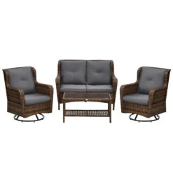 Outsunny Patio Furniture Set, 4 Pieces Of PE Rattan Outdoor Furniture With 2 Swivel Rocking Chairs, A 2-Tier Glass Table & A Loveseat Sofa, Wicker Conversation Set, Gray
