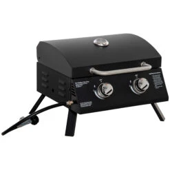 Outsunny 2 Burner Folding Tabletop Gas BBQ Grill W/ Lid, Thermometer, Carbon Steel, Black