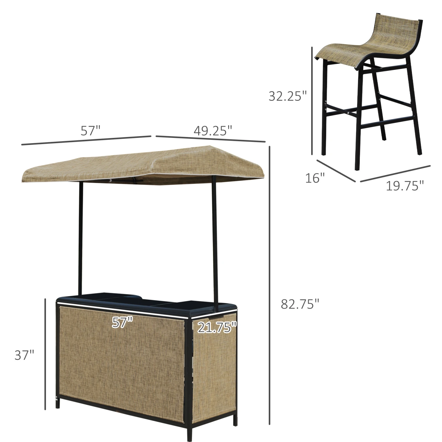 Outsunny 3 Piece Outdoor Bar Set For 2 With Canopy, Rectangular Table With Storage Shelves & Two Bar Chairs, Breathable Mesh 3 Outsunny 3 Piece Outdoor Bar Set For 2 With Canopy, Rectangular Table With Storage Shelves & Two Bar Chairs, Breathable Mesh - Image 3