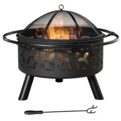 Outsunny 31-Inch Steel Fire Pit, Outdoor Large Wood Burning Fire Bowl W/Screen Cover, Poker