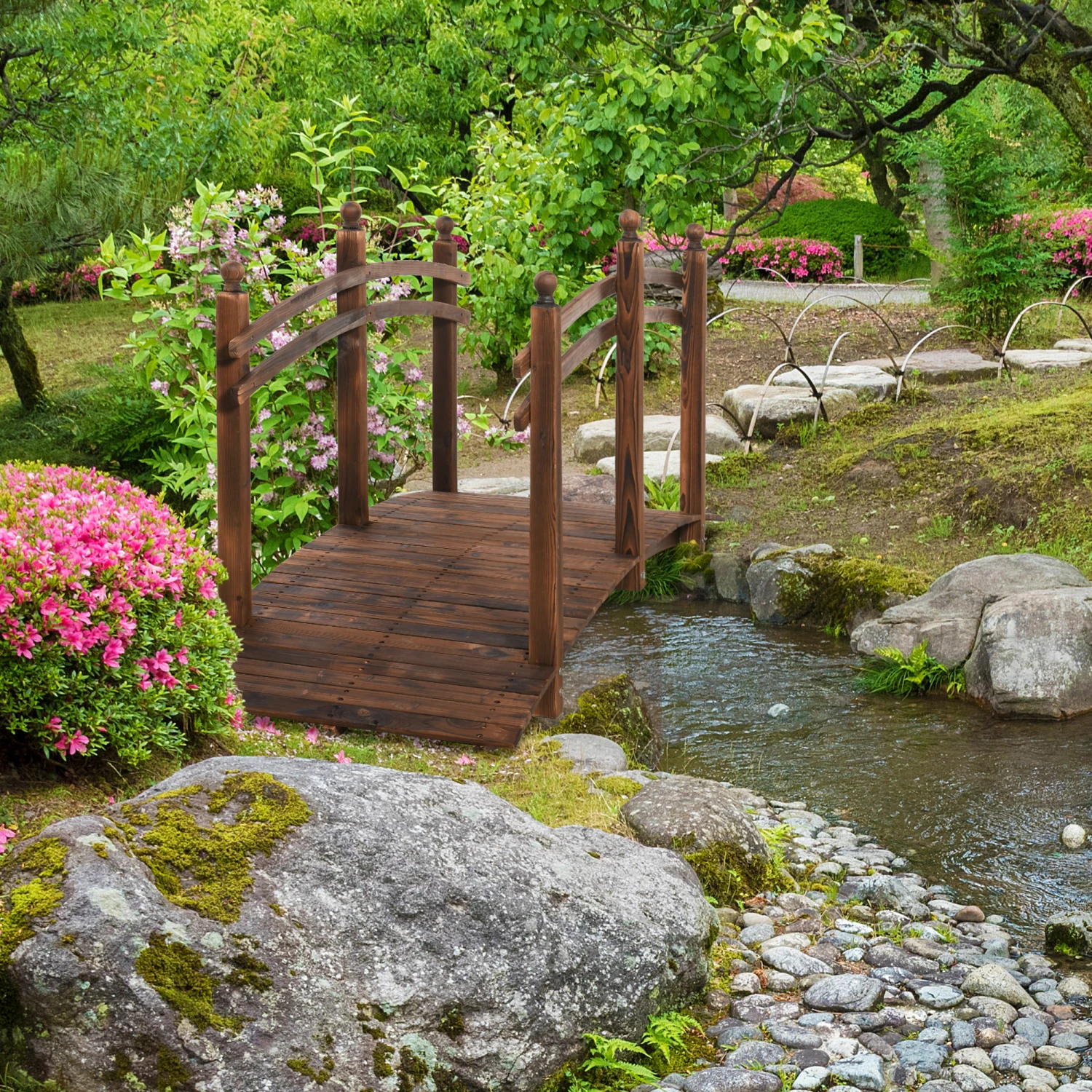 Outsunny 7.5' Fir Wood Garden Bridge Arc Walkway With Side Railings, Perfect For Backyards, Gardens, & Streams, Stained 8 Outsunny 7.5' Fir Wood Garden Bridge Arc Walkway With Side Railings, Perfect For Backyards, Gardens, & Streams, Stained - Image 8