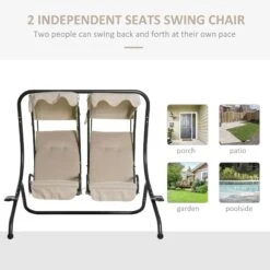 Outsunny Modern 2-Seater Outdoor Patio Swing Chair, Porch Seats With Cup Holder And Removeable Canopy, Beige -Outsunny 13sa09180b5ce34b9