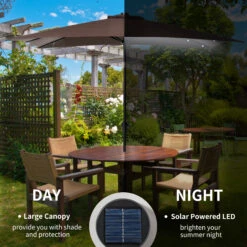 Outsunny 9' X 7' Patio Umbrella Outdoor Table Market Umbrella With Crank, Solar LED Lights, 45° Tilt, Push-Button Operation, For Deck, Backyard, Pool And Lawn, Brown -Outsunny 16ga091815340c56e