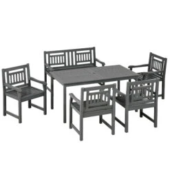 Outsunny 6 Piece Patio Dining Set, Outdoor Poplar Wood Furniture Set, Umbrella Hole Table And Chairs With Bench For Porch, Backyard, Balcony, Outside Garden, Dark Gray