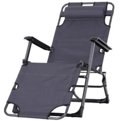 Outsunny Tanning Chair, 2-in-1 Beach Lounge Chair & Camping Chair W/ Pillow & Pocket, Adjustable Chaise For Sunbathing Outside, Patio, Poolside, Gray
