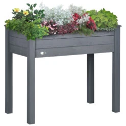 Outsunny 34" Raised Garden Bed, Elevated Wooden Planter Box With Holes For Vegetables, Herb, Flowers For Backyard, Dark Gray