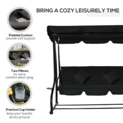 Outsunny 3-Seat Outdoor Patio Swing Chair, Converting Flatbed, Outdoor Swing Glider With Adjustable Canopy, Removable Cushion And Pillows, For Porch, Garden, Poolside, Backyard, Black -Outsunny 1TBf9117ed37bb8cf