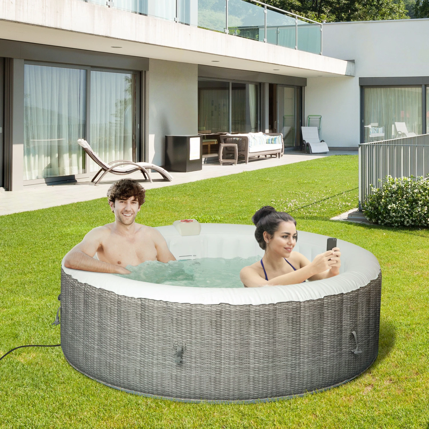Outsunny 4-6 Person Inflatable Portable Hot Tub Spa 82'' X 26'' Outdoor Round Heated Spa W/ 130 Bubble Jets, Cover, Filter Cartridges - Grey 3 Outsunny 4-6 Person Inflatable Portable Hot Tub Spa 82'' X 26'' Outdoor Round Heated Spa W/ 130 Bubble Jets, Cover, Filter Cartridges - Grey - Image 3
