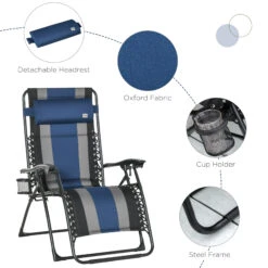 Outsunny XL Oversize Zero Gravity Recliner, Padded Patio Lounger Chair, Folding Chair With Adjustable Backrest, Cup Holder, And Headrest For Backyard, Poolside, Lawn, Striped, Blue -Outsunny 1ZY75617f9142d009