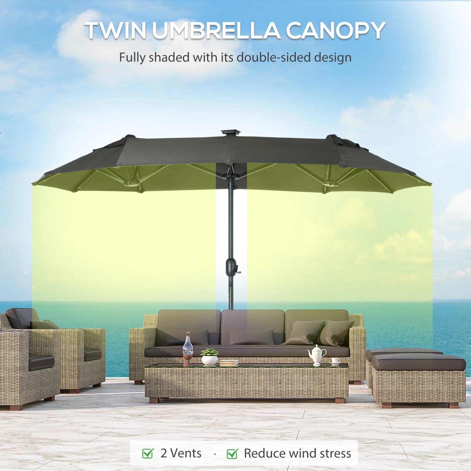 Outsunny 10ft Double-sided Patio Umbrella With Solar Lights And Sandbag Base, Outdoor Umbrella With Push Button Tilt, Crank, Air Vents For Garden, Backyard, Deck, Pool, Market, Gray 7 Outsunny 10ft Double-sided Patio Umbrella With Solar Lights And Sandbag Base, Outdoor Umbrella With Push Button Tilt, Crank, Air Vents For Garden, Backyard, Deck, Pool, Market, Gray - Image 7