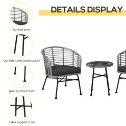 Outsunny 3 Piece Patio Set, Outdoor Bistro Furniture, PE Rattan Wicker Table And Chairs, Cushioned, Hand Woven, Barrel-Style With Tempered Glass For Garden, Porch, Pool, Backyard, Mixed Gray -Outsunny 1o87b917ed344b939
