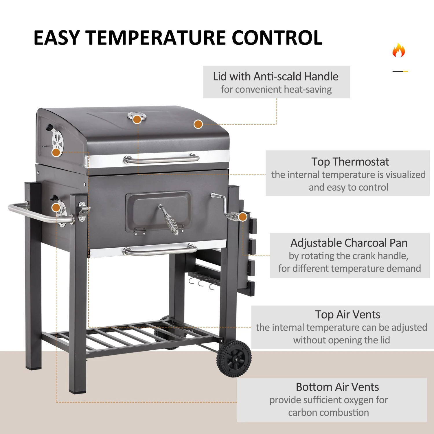 Outsunny 45" Charcoal BBQ Grill And Smoker Combo Outdoor Portable Trolley Camping Picnic Backyard With Side Shelf, Grey 6 Outsunny 45" Charcoal BBQ Grill And Smoker Combo Outdoor Portable Trolley Camping Picnic Backyard With Side Shelf, Grey - Image 6