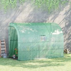 Outsunny 10' X 5' X 7' Lean To Greenhouse, Walk-In Green House, Plant Nursery With 2 Roll-up Doors And Windows, PE Cover And 3 Wire Shelves, Green -Outsunny 1ydf1a17ed36955ce
