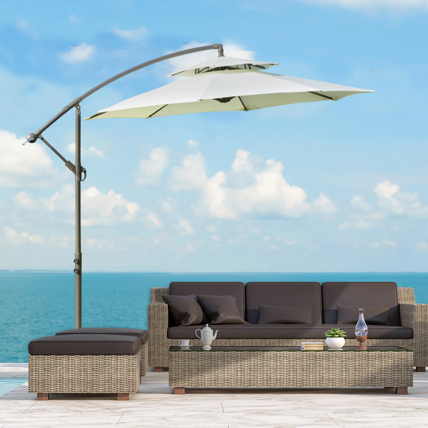 Outsunny 9' Offset Patio Umbrella With Base, Steel Hanging Cantilever Umbrella, 2-Tier Easy Tilt Polyester Shade, 8 Ribs, Crank, Cross Base, Beige 8 Outsunny 9' Offset Patio Umbrella With Base, Steel Hanging Cantilever Umbrella, 2-Tier Easy Tilt Polyester Shade, 8 Ribs, Crank, Cross Base, Beige - Image 8