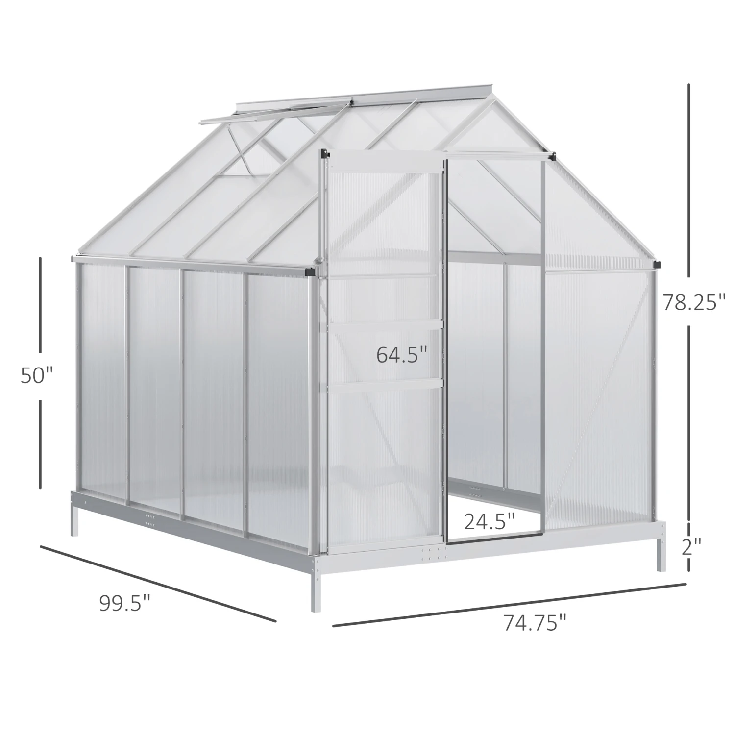 Outsunny 8' X 6' Aluminum Outdoor Greenhouse, Polycarbonate Walk-in Garden Greenhouse Kit With Adjustable Roof Vent, Rain Gutter And Sliding Door For Winter, Silver 3 Outsunny 8' X 6' Aluminum Outdoor Greenhouse, Polycarbonate Walk-in Garden Greenhouse Kit With Adjustable Roof Vent, Rain Gutter And Sliding Door For Winter, Silver - Image 3