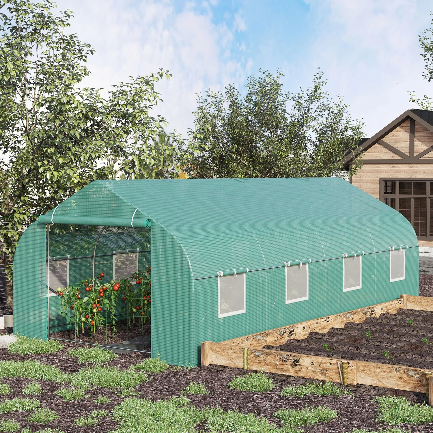 Outsunny 19.5' X 10' X 7' Outdoor Walk-in Tunnel Greenhouse, Hot House With Roll-up Windows, Zippered Door, PE Cover, Heavy Duty Steel Frame, Green 2 Outsunny 19.5' X 10' X 7' Outdoor Walk-in Tunnel Greenhouse, Hot House With Roll-up Windows, Zippered Door, PE Cover, Heavy Duty Steel Frame, Green - Image 2
