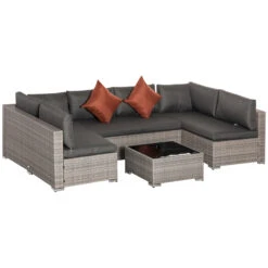 Outsunny 4-Piece Patio Furniture Sets Outdoor Wicker Conversation Set PE Rattan Sectional Sofa Set With Tempered Glass Coffee Table And Cushions For Backyard And Garden, Grey