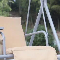 Outsunny 2 Person Porch Swing With Stand, Outdoor Swing With Canopy, Pivot Storage Table, 2 Cup Holders, Cushions For Patio, Backyard, Beige -Outsunny 2WKe6e17e67318438