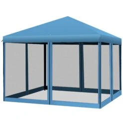 Outsunny 10' X 10' Pop Up Canopy Tent With Netting, Instant Gazebo, Ez Up Screen House Room With Carry Bag, Height Adjustable, For Outdoor, Garden, Patio, Light Blue