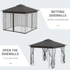 Outsunny 10' x 10' Metal Patio Gazebo, Double Roof Outdoor Gazebo Canopy Shelter With Tree Motifs Corner Frame And Netting, For Garden, Lawn, Backyard, And Deck, Gray -Outsunny 2qfb1017f2768e4f5