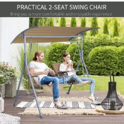 Outsunny 2 Person Porch Swing With Stand, Outdoor Swing With Canopy, Pivot Storage Table, 2 Cup Holders, Cushions For Patio, Backyard, Beige -Outsunny 2u719417e67318438