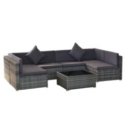 Outsunny 7 Piece Outdoor Patio Furniture Set, PE Rattan Wicker Sectional Sofa Set With Couch Cushions, Throw Pillows And Black Coffee Table, Double Gray