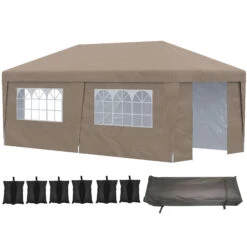 Outsunny 10' X 20' Pop Up Canopy Tent With Sidewalls, Height Adjustable Large Party Tent Event Shelter With Leg Weight Bags, Double Doors And Wheeled Carry Bag, For Garden, Patio, Brown