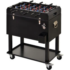 Outsunny 68QT Patio Cooler Ice Chest With Foosball Table Top, Portable Poolside Party Bar Cold Drink Rolling Cart On Wheels With Tray Shelf