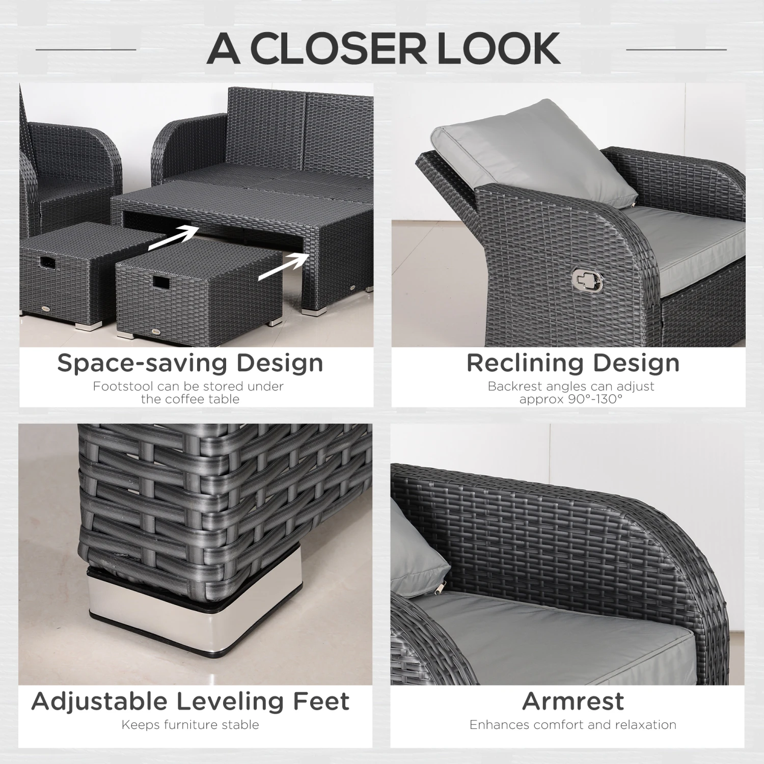 Outsunny 6-Piece Outdoor Rattan Patio Sectional Sofa Set With 3-Seat Couch, 2 Recliners, 2 Ottoman Footrests, & Coffee Table Conversation Set, Light Grey 5 Outsunny 6-Piece Outdoor Rattan Patio Sectional Sofa Set With 3-Seat Couch, 2 Recliners, 2 Ottoman Footrests, & Coffee Table Conversation Set, Light Grey - Image 5