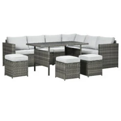 Outsunny 7 Piece Patio Furniture Set, Outdoor L-Shaped Sectional Sofa With 3 Loveseats, 3 Ottoman Chairs, Outside Conversation Set With Dining Table, Cushions, Storage, Mixed Gray
