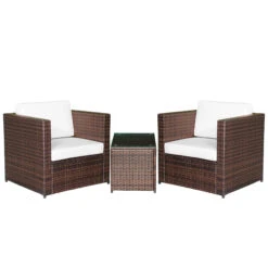 Outsunny 3 Piece Wicker Bistro Patio Set For 2, PE Rattan Porch Chairs Conversation Set With Cushions, Glass Top Table, Garden For Backyard, Garden, Pool, White