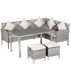 Outsunny 5 Piece Patio Furniture Set, Outdoor L-Shaped Sectional Sofa With 2 Loveseats, 2 Ottoman Chairs, Outside Conversation Set With Dining Table, Cushions, Throw Pillows, Beige