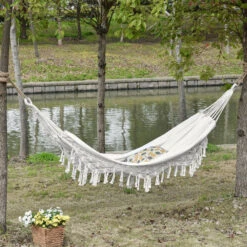 Outsunny Extra Large Boho Hammock With Macrame Tassel Fringe, Includes Carrying Bag, Indoor Outdoor Tree Hammock For Porch, Backyard, Camping, White -Outsunny 3Q16ff183169c99a6