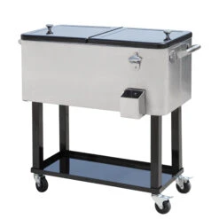 Outsunny 80 QT Rolling Cooling Bins Ice Chest On Wheels Outdoor Stand Up Drink Cooler Cart For Party, Stainless Steel
