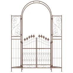 Outsunny 7' Metal Garden Arbor, Garden Arch With Gate, Fleur De Lis Motif, Latching Doors, Planter Shelves For Climbing Vines, Ceremony, Weddings, Party, Garden, Backyard, Lawn, Brown -Outsunny 3WId4d188c193012e