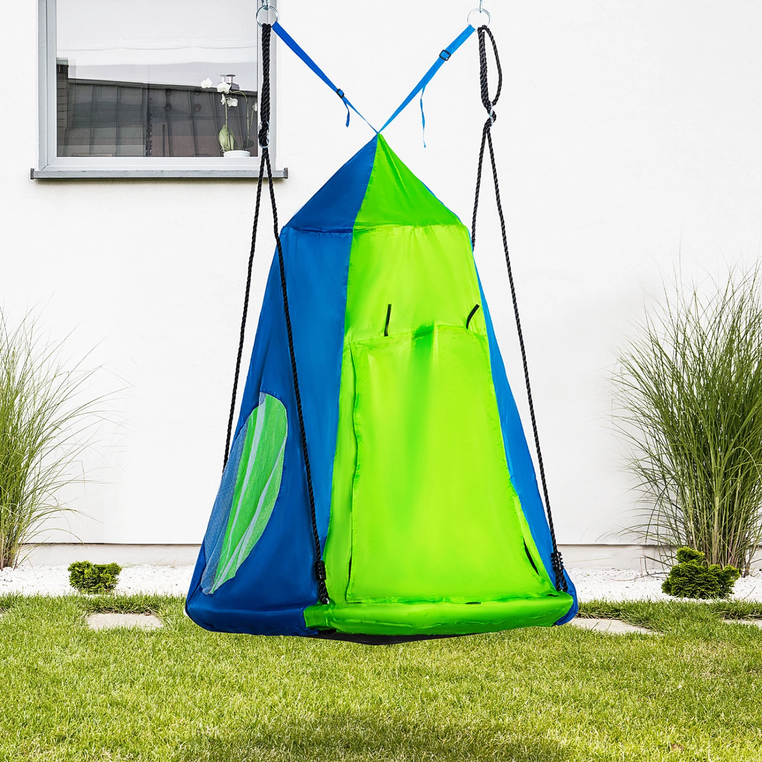Outsunny Kids Pod Swing, Waterproof Flat/Tent Chair Seat, Ventilating Hanging Swing, With Screen Window, Rolling Door, For Indoor & Outdoor Use, Green 9 Outsunny Kids Pod Swing, Waterproof Flat/Tent Chair Seat, Ventilating Hanging Swing, With Screen Window, Rolling Door, For Indoor & Outdoor Use, Green - Image 9