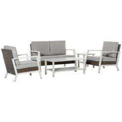 Outsunny 5 Piece Patio Furniture Conversation Set, Outdoor Aluminum With PE Wicker Accents, Loveseat Sofa & 2 Chairs With Cushions, 2-Tier Side & Coffee Table For Backyard, Porch, Gray