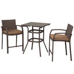 Outsunny 3 PCS Rattan Wicker Bar Set With Wood Grain Top Table And 2 Bar Stools For Outdoor, Patio, Poolside, Garden, Brown