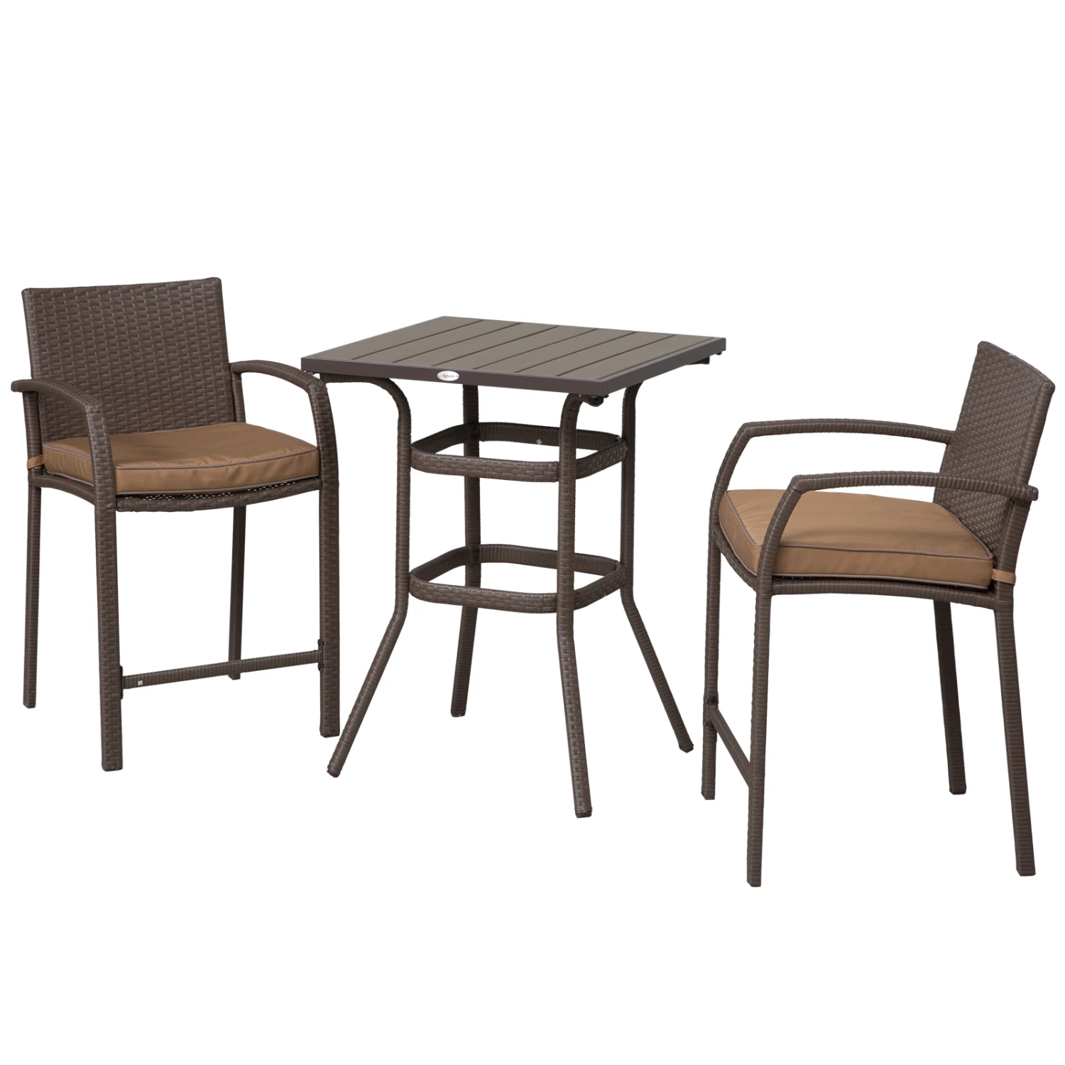 Outsunny 3 PCS Rattan Wicker Bar Set With Wood Grain Top Table And 2 Bar Stools For Outdoor, Patio, Poolside, Garden, Brown 1 Outsunny 3 PCS Rattan Wicker Bar Set With Wood Grain Top Table And 2 Bar Stools For Outdoor, Patio, Poolside, Garden, Brown