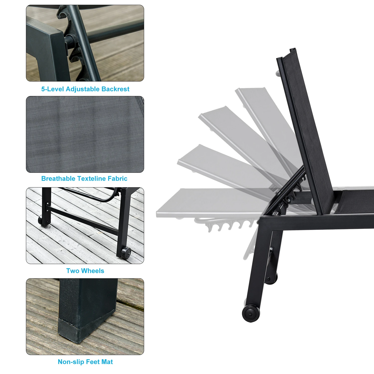 Outsunny Outdoor Lounge Chair, Patio Lounger With 5-Position Reclining Backrest And 2 Wheels For Poolside, Beach, Lawn, Black 6 Outsunny Outdoor Lounge Chair, Patio Lounger With 5-Position Reclining Backrest And 2 Wheels For Poolside, Beach, Lawn, Black - Image 6