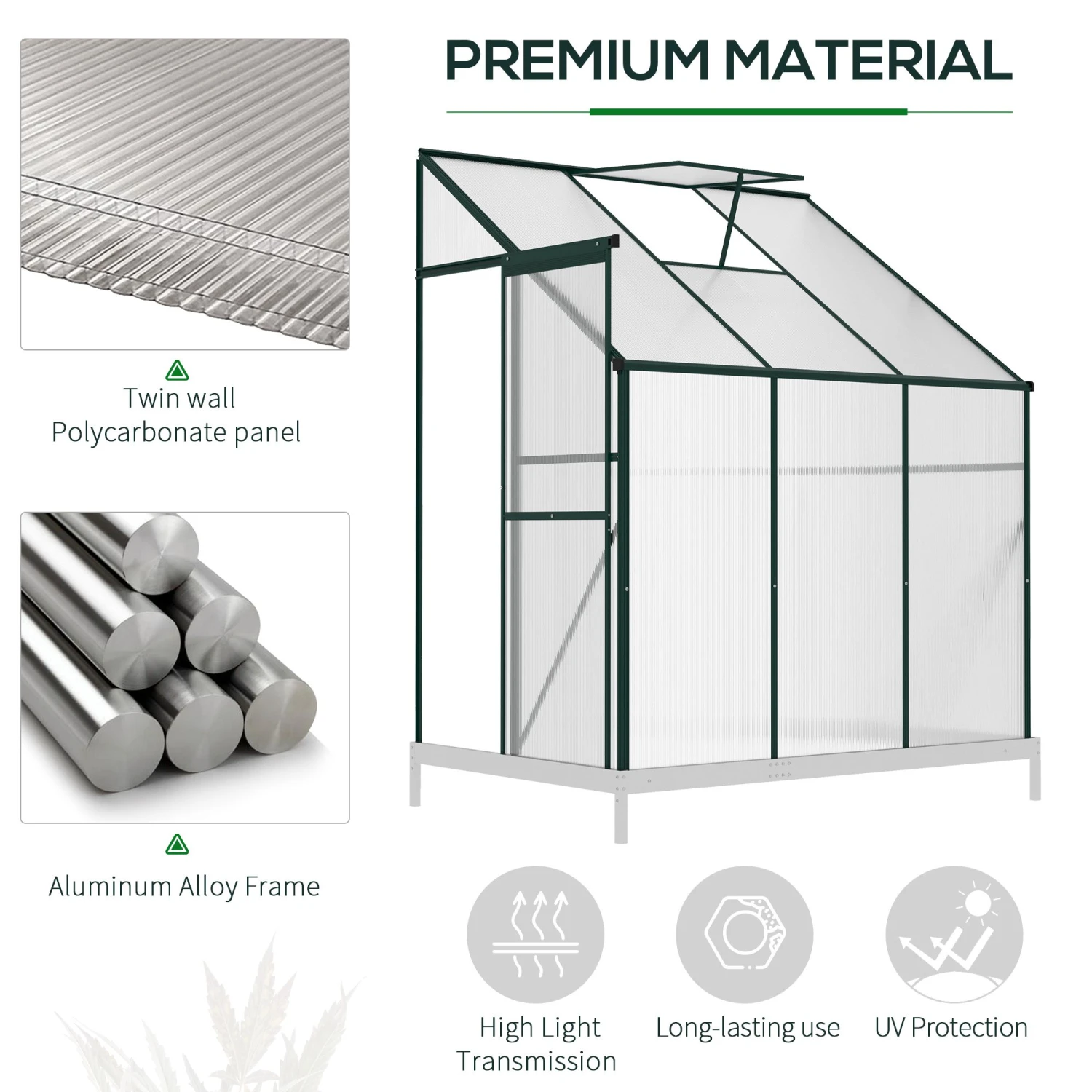 Outsunny 6' X 4' X 7' Hobby Greenhouse, Walk-in Lean-To Polycarbonate Hot House Kit With Aluminum Frame, Sliding Door, Roof Vent, Green 6 Outsunny 6' X 4' X 7' Hobby Greenhouse, Walk-in Lean-To Polycarbonate Hot House Kit With Aluminum Frame, Sliding Door, Roof Vent, Green - Image 6