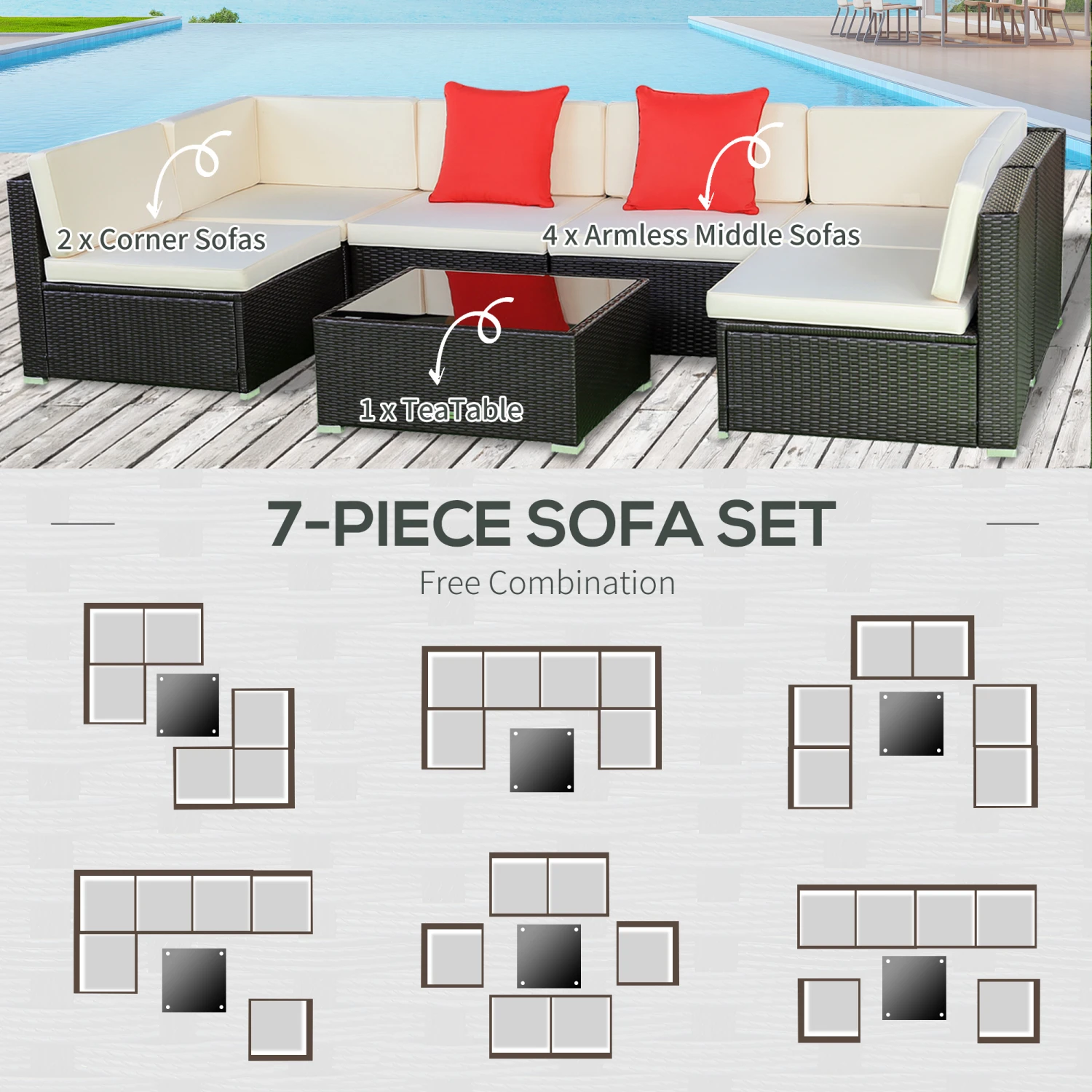 Outsunny 7 Piece Outdoor Patio Furniture Set, PE Rattan Wicker Sectional Sofa Set With Couch Cushions, Throw Pillows And Coffee Table, Orange, Cream 6 Outsunny 7 Piece Outdoor Patio Furniture Set, PE Rattan Wicker Sectional Sofa Set With Couch Cushions, Throw Pillows And Coffee Table, Orange, Cream - Image 6