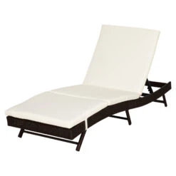 Outsunny Patio Chaise Lounge, Pool Chair With 5 Position Adjustable Backrest & Cushion, Outdoor PE Rattan Wicker Sun Tanning Seat, 28", Cream