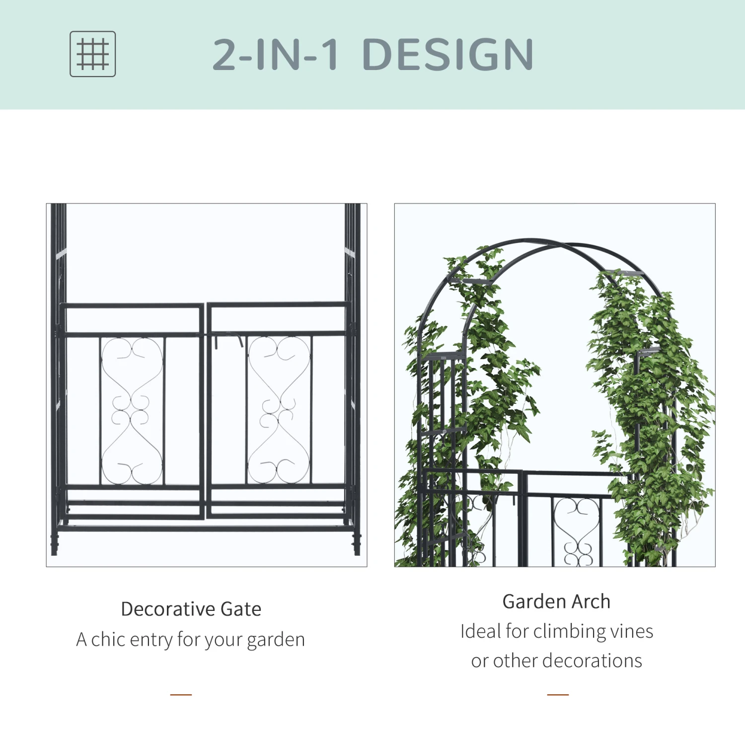 Outsunny 81" Metal Garden Arbor With Double Doors, Locking Gate, Climbing Vine Frame With Heart Motifs, Arch For Wedding, Bridal Party Decoration, Grey 4 Outsunny 81" Metal Garden Arbor With Double Doors, Locking Gate, Climbing Vine Frame With Heart Motifs, Arch For Wedding, Bridal Party Decoration, Grey - Image 4