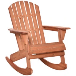 Outsunny Wooden Adirondack Rocking Chair With Slatted Wooden Design, Fanned Back, & Classic Rustic Style, Teak